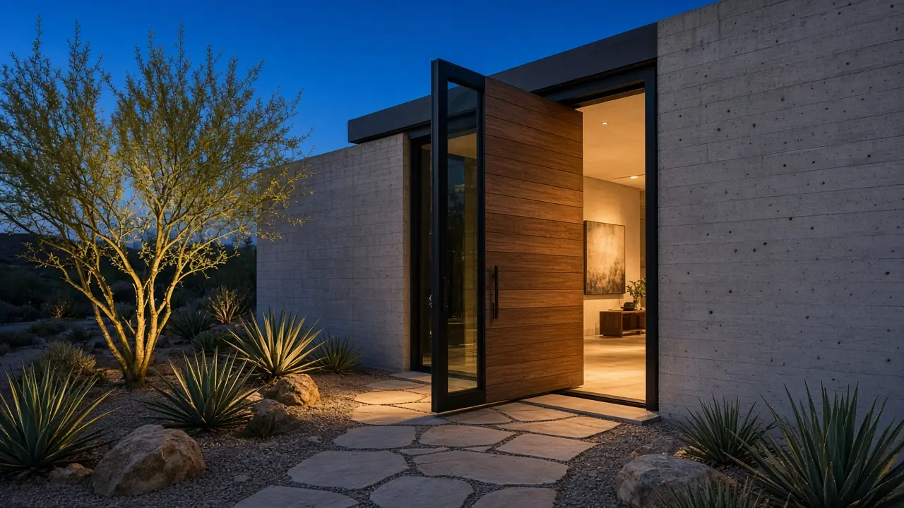 Oversized wood and glass pivot entry door standing open at dusk on a board-formed concrete desert home